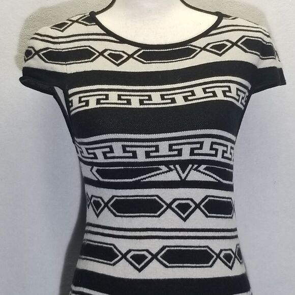 ALICE & OLIVIA Dress Sz S Black Ivory Sweater Stripe Darby Knit Aztec Drop Waist - Picture 3 of 10